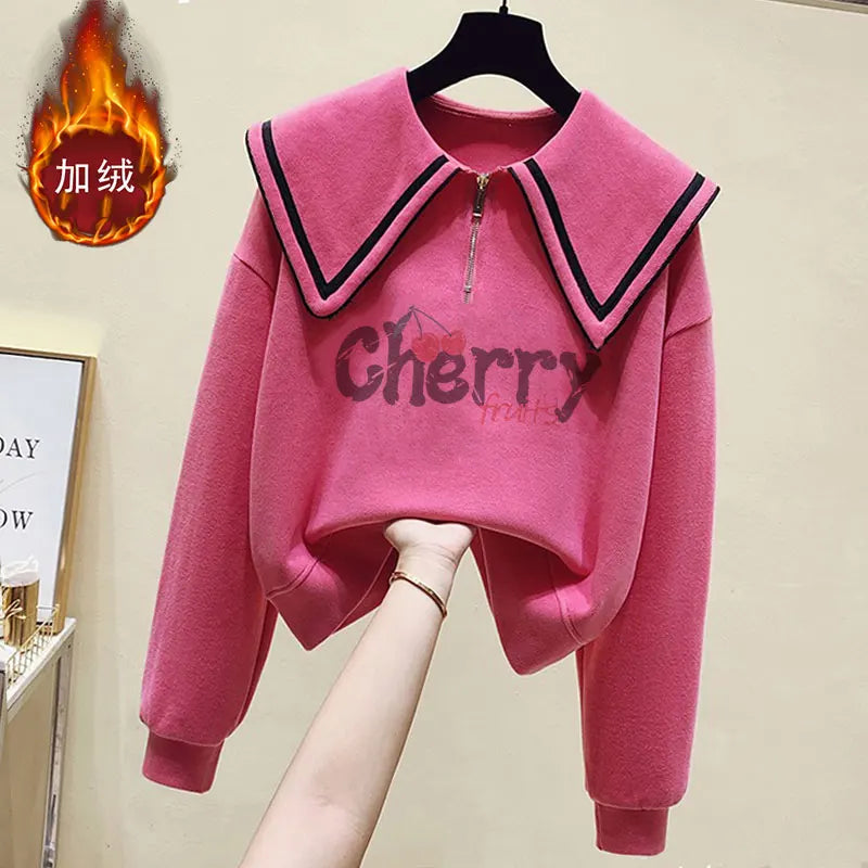 Teenage Girl's Fleece Lined Thickened Navy Collar Sweatshirt Small Size Winter Fashionable Clothing School Sweet Style Zipper