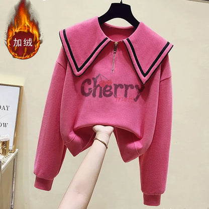 Teenage Girl's Fleece Lined Thickened Navy Collar Sweatshirt Small Size Winter Fashionable Clothing School Sweet Style Zipper