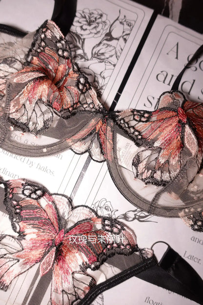 Ultra-Thin Sexy Lace Sheer Lingerie Set For Women French Butterfly Embroidery Push Up Bra Soft Underwire Support Date Night Wear