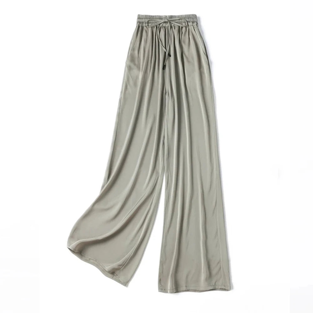 Vertical Naked Feeling 93% Natural Mulberry Silk Elastic Double Qiao Satin Elastic Waist Women's Fashionable Wide Leg Pants