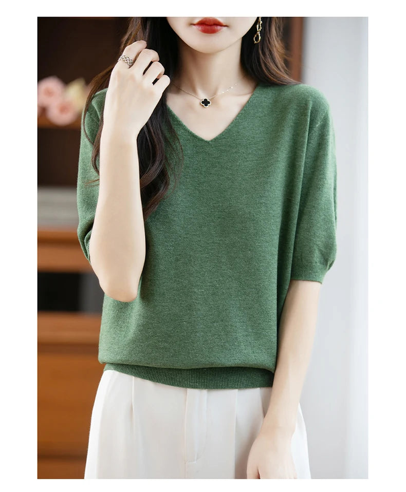 Thin Worsted Wool Short-Sleeved Women's Loose Round Neck T-shirt Printed Summer Fashion Knitted Bottoming Shirt Half-Sleeved