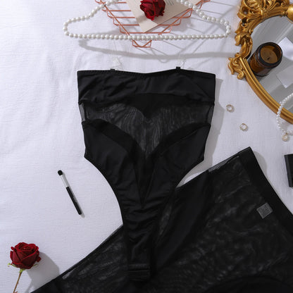 Ellolace Elegant Hot Sexy Lingerie See Through Strapless Bodysuit Half Dress 2PC Set Seductive Splicing Party Queen Costume