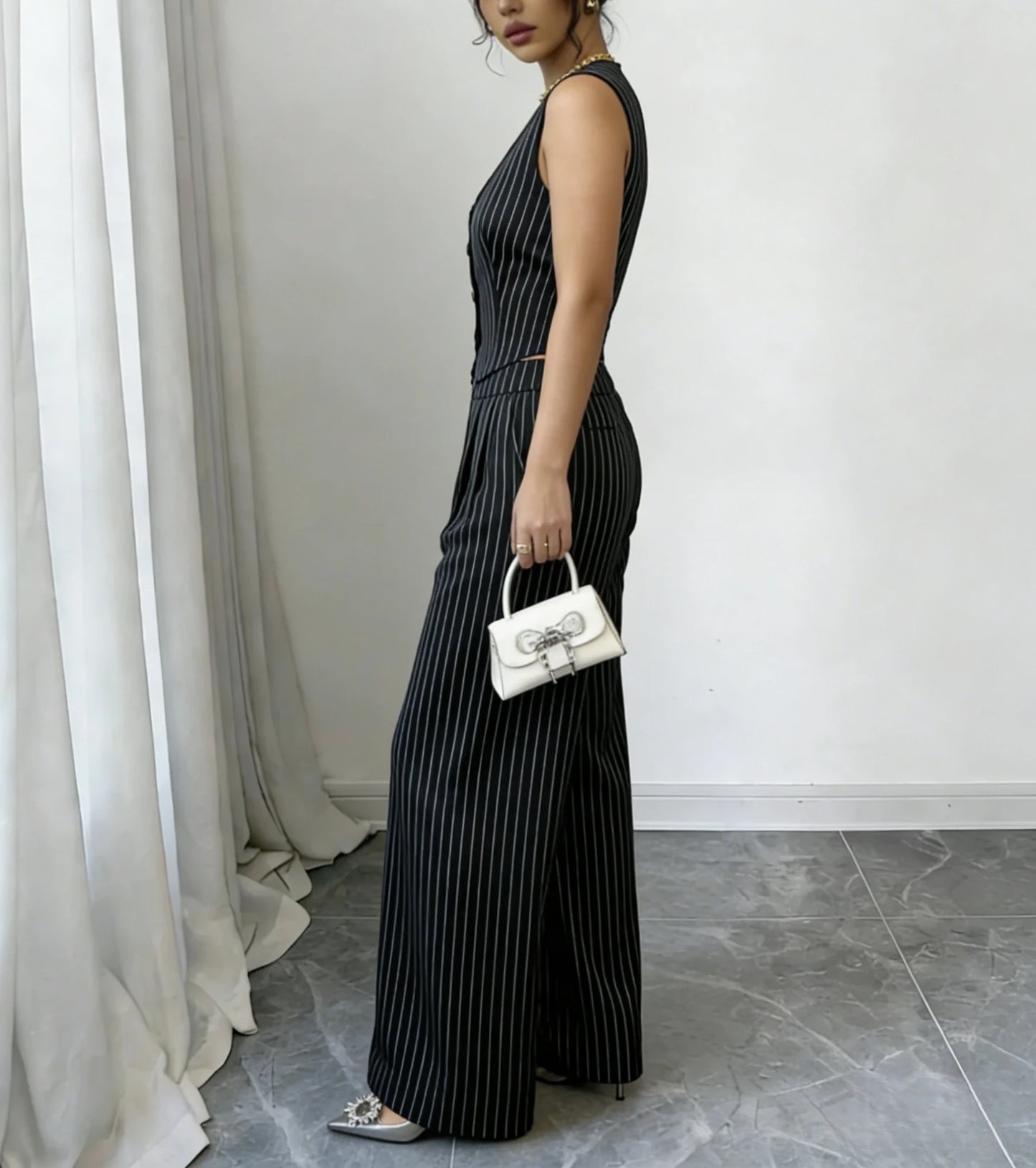 Women's Pinstripe Elegant Trouser Set Sleeveless V Neck Button Vest High Waist Wide Leg Pants Two Piece Set Spring Summer Outfit