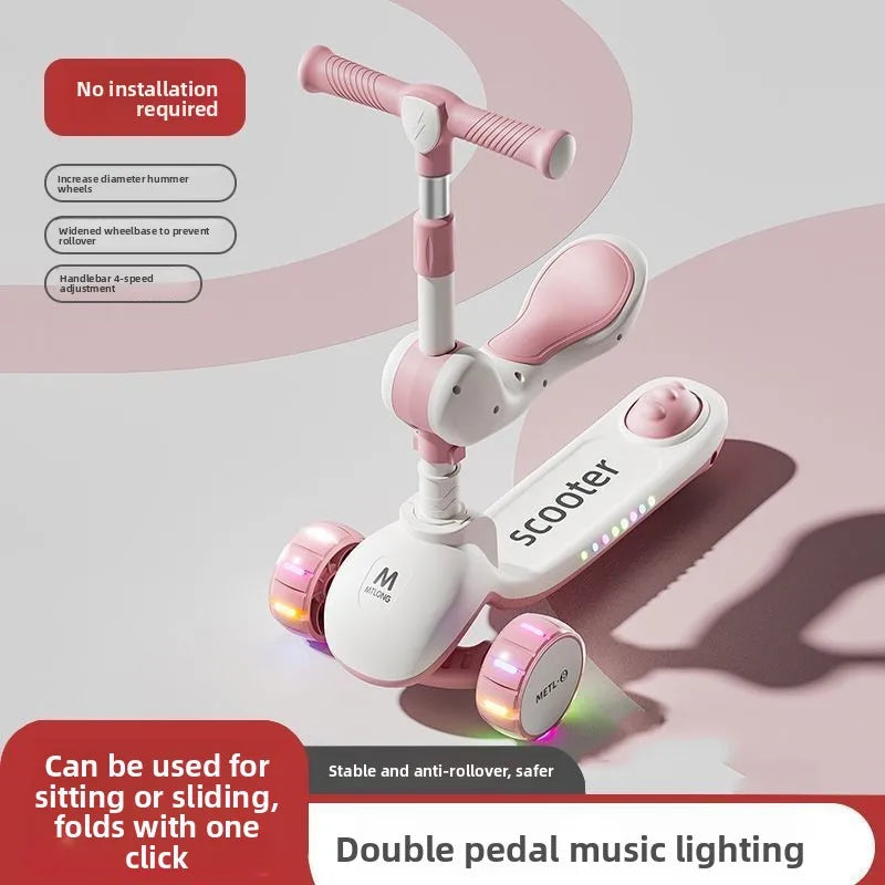 3-in-1 Kids Scooter with Seat, Foldable Toddler Kick Scooter for Boys Girls Ages 1-3-6-10, 3-Wheel Light-Up Ride-On Toy with
