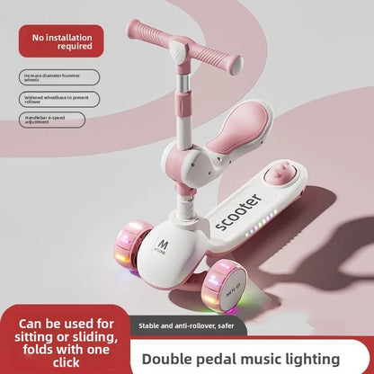 3-in-1 Kids Scooter with Seat, Foldable Toddler Kick Scooter for Boys Girls Ages 1-3-6-10, 3-Wheel Light-Up Ride-On Toy with
