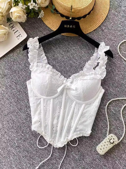 Sweet Heavy Embroidery Hollow out Strap Vest Women Summer Pure Desire Spicy Fibone Slimming Top Women's Faion Outfit