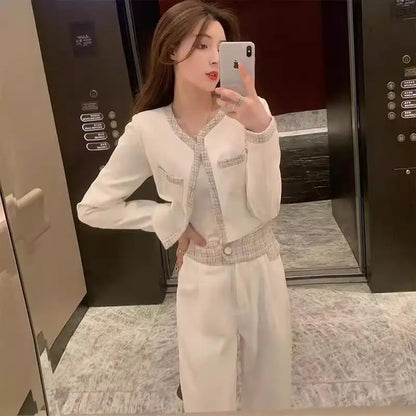 Elegant Fashion Set Women's Spring Autumn New Style Small Fragrance Wind Coat Wide Leg Pants Two Piece Set High Waist Long Pants