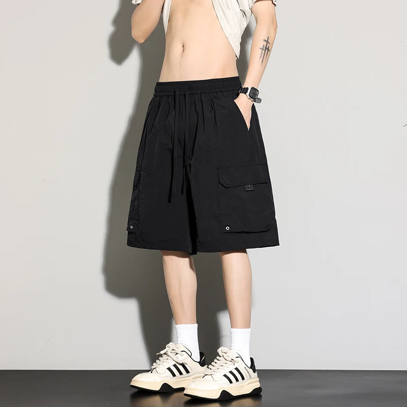 Men's High Street Cargo Shorts Lightweight Breathable Solid Color Drawstring Waist Big Pockets Shorts Casual Summer Short Pants