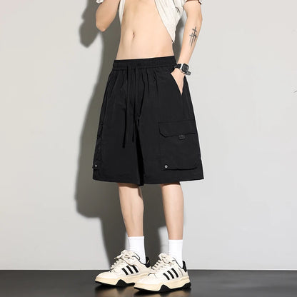 Men's High Street Cargo Shorts Lightweight Breathable Solid Color Drawstring Waist Big Pockets Shorts Casual Summer Short Pants