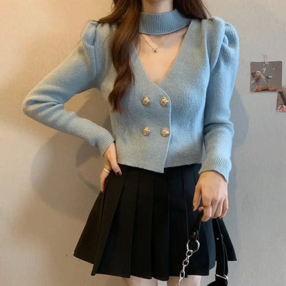 Elegant V-Neck Bubble Sleeve Knitwear Short Top Fashion Trend Neck Hanging Style Girl's French Style Slim Fit Long Sleeve Autumn