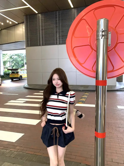 Miu Stripe  Neck Knitted Short Sleeve T-Shirt Women's Summer Design Sensible Short Style Korean Version Slim Fit Top