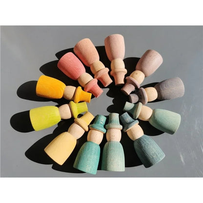 Rainbow Wood Peg Dolls Pastel Color  Wizard Figures Montessori Toy For Kids Block Play