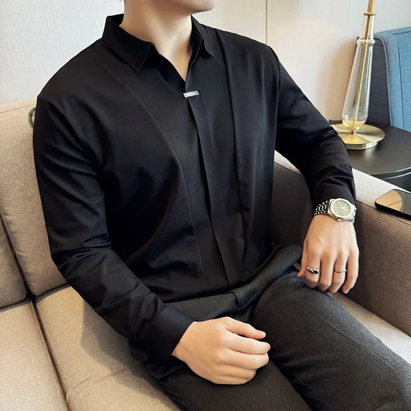 Men Long Sleeved Polo Shirt 2026 Spring British Style Solid Casual Elastic Slim Fit T-shirt Formal Dress Polo Shirt Men Clothing