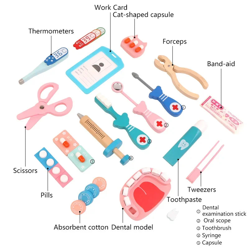 Medicine Set Role Playing Educational Toys For Children Kid Pretend Play Doctor Toys Wooden Simulation Dentist Check Brush Teeth