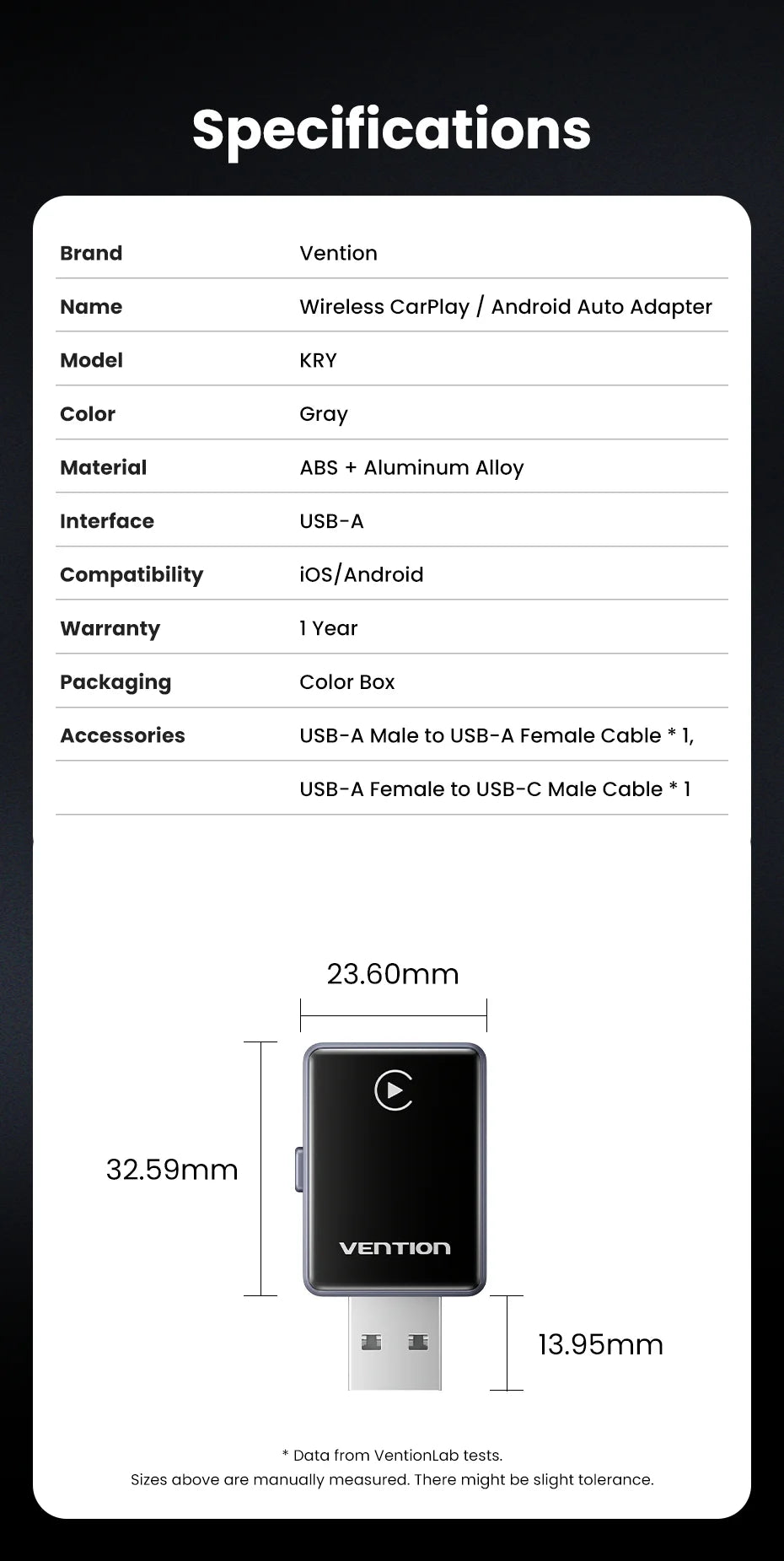 Vention 2in1 Wireless CarPlay Adapter Android Auto For OEM Car Plug and Play AI Smart Box WiFi Bluetooth Auto Connection