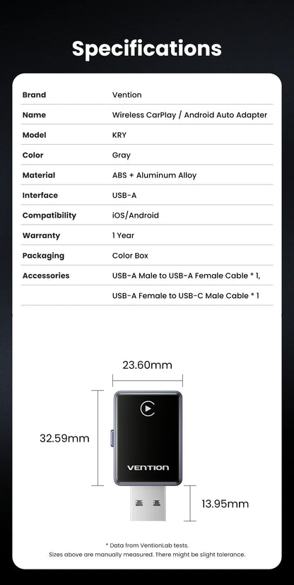 Vention 2in1 Wireless CarPlay Adapter Android Auto For OEM Car Plug and Play AI Smart Box WiFi Bluetooth Auto Connection