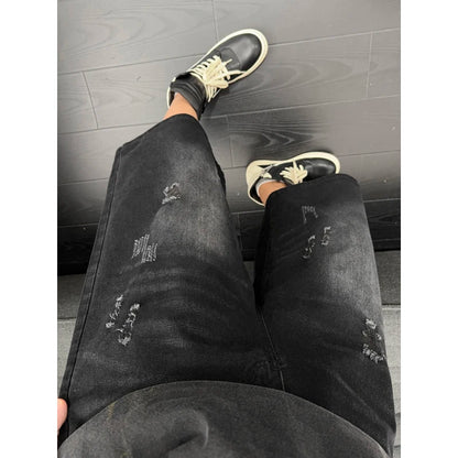 Unisex American Ins High Street Loose Straight Seven-Point Jeans Ripped Distressed Denim Shorts Summer Casual Streetwear