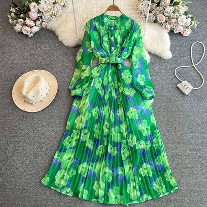 Ele Vintage Long Sve A-Line Printed Gown with Pleated Skirt And Slimming Waist Design for Young Women Korean Sle Com...