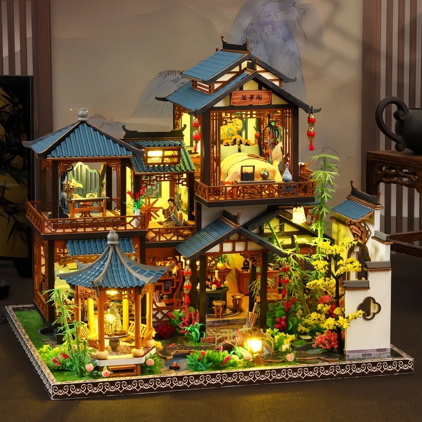DIY Miniature Dollhouse Traditional Chinese Courtyard,3D Wooden Puzzle DIY Kit with LED Light, Creative Birthday Gift Home Decor