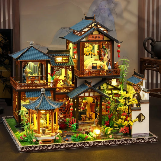 DIY Miniature Dollhouse Traditional Chinese Courtyard,3D Wooden Puzzle DIY Kit with LED Light, Creative Birthday Gift Home Decor