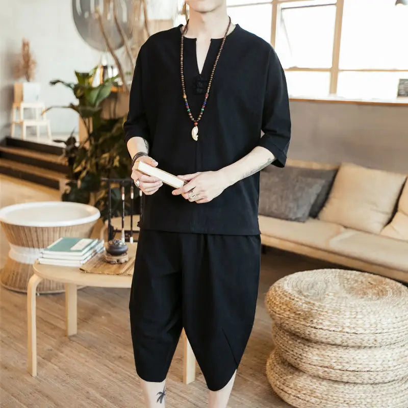 Loose Men's Short Sleeve T-Shirt Set Spring Summer Vintage Retro Tang Costume Hanfu Two-Piece Set Fitness Casual Wear Cotton