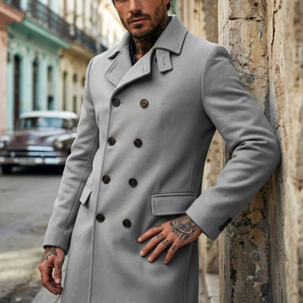 New Winter Men's Wool Blends Double-Breasted Knee-Length Trench Coat - Windproof Casual Street Long-Length Outerwear for Men
