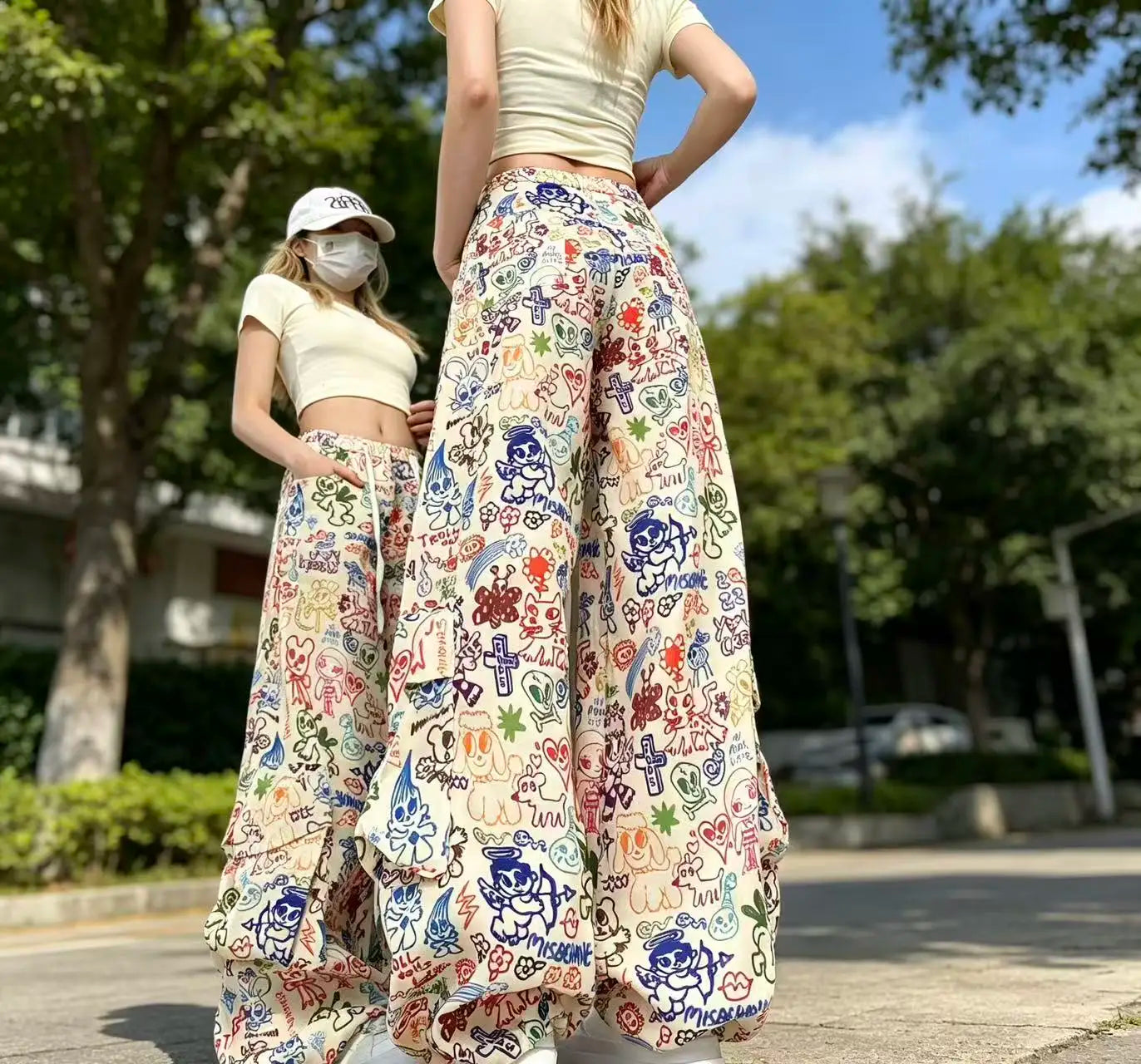 Y2K Cartoon Graffiti Wide Leg Pants - Colorful Print Drawstring High Waist Loose Streetwear Trousers for Women