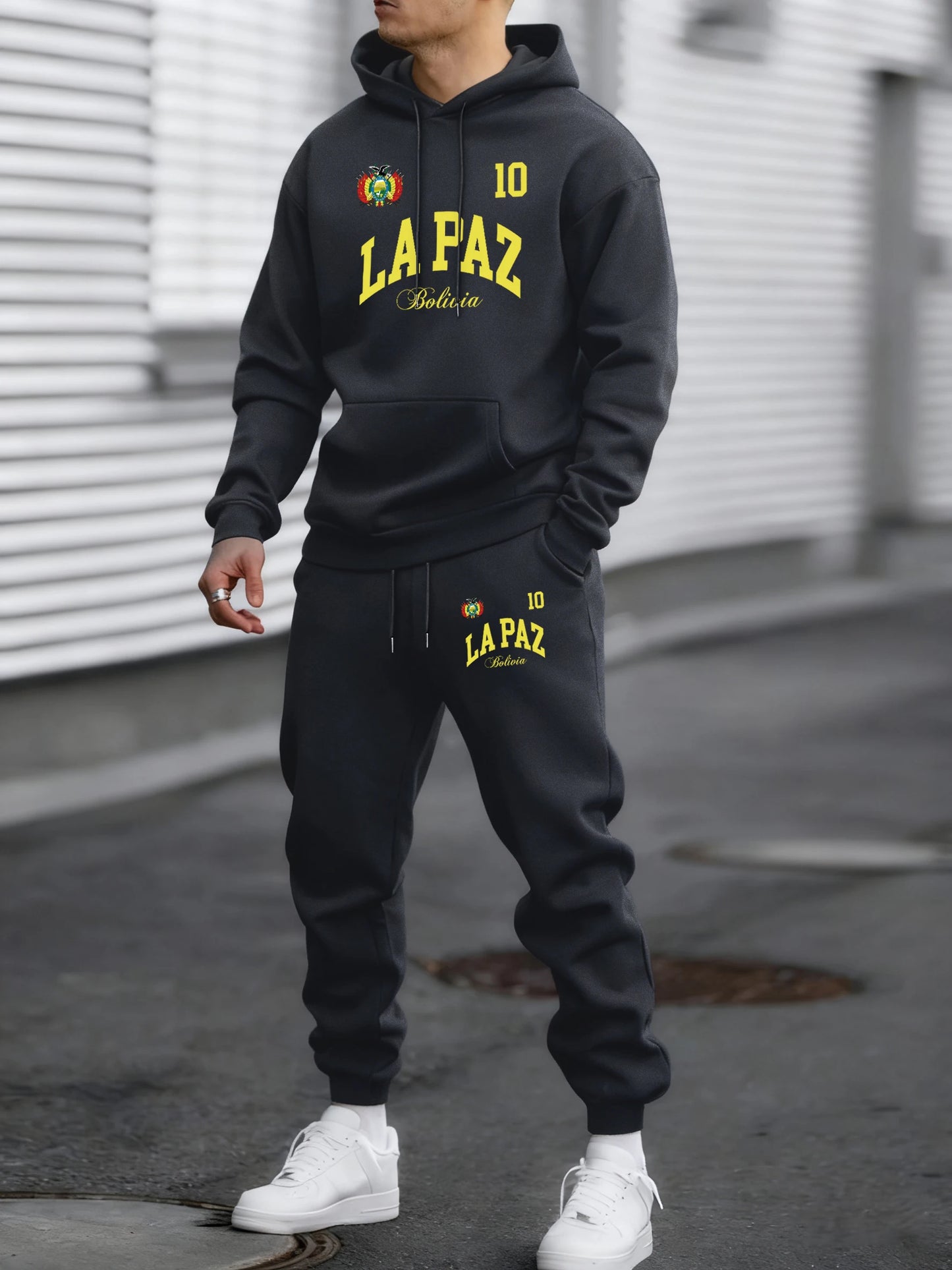 Lapaz Bolivia Emblem Printed Comfy Street Hoodie Winter Fleece Casual Sweatshirts Long Pants Sets Man Basics All-Match Sweatpant