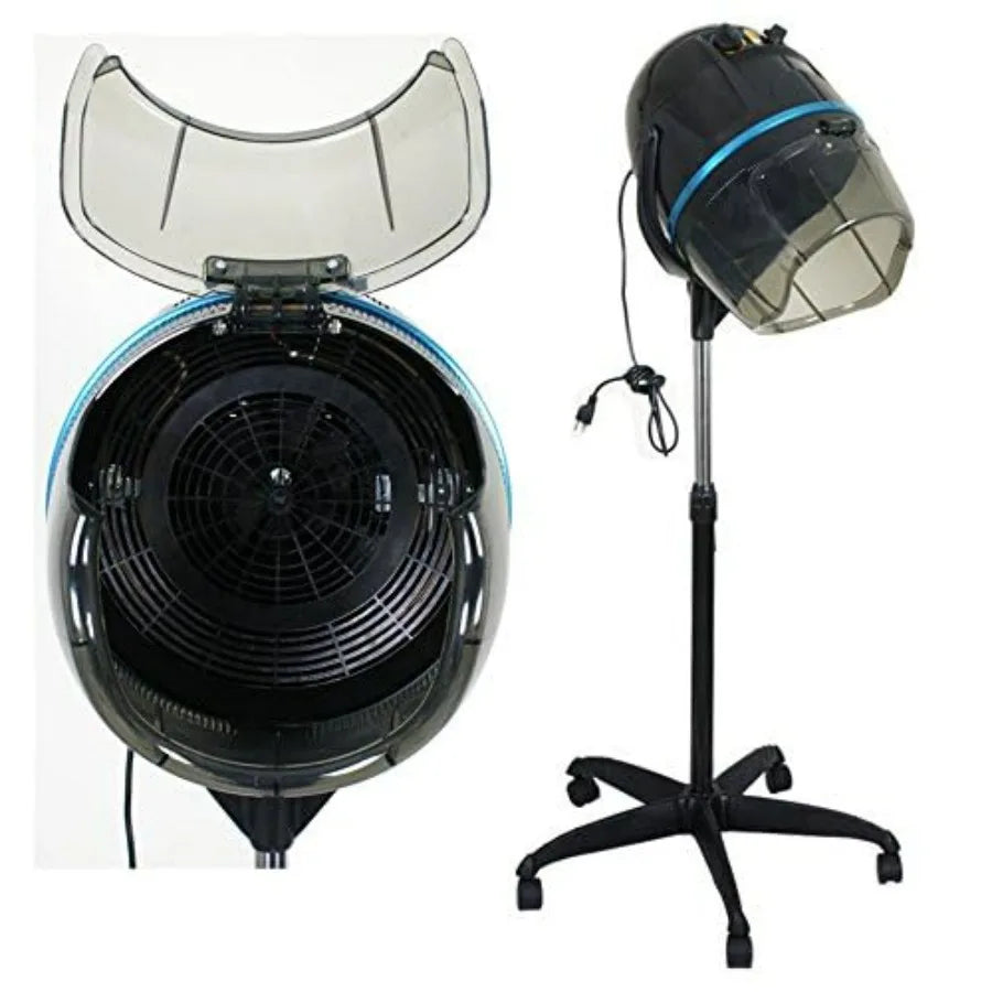 Home salon spa beauty equipment: 1300W professional hooded floor hair bonnet dryer with adjustable height, rolling base, black