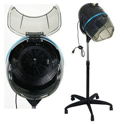 Home salon spa beauty equipment: 1300W professional hooded floor hair bonnet dryer with adjustable height, rolling base, black