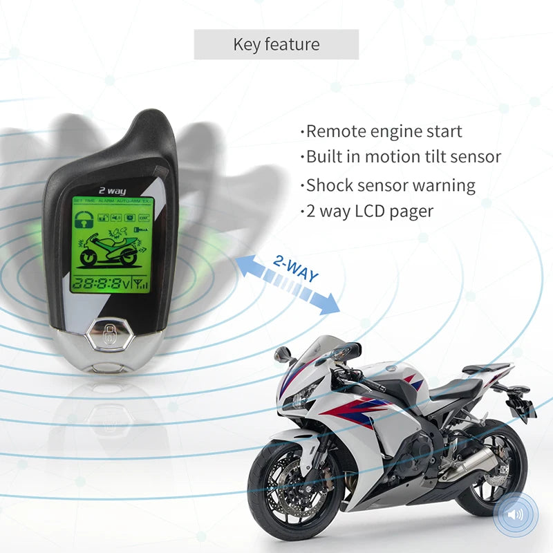 EASYGUARD 2 Way Motorcycle Alarm Kit Remote Engine Start Shock Sensor Motion Sensor Emergency Disarm LCD Display Anti Hijacking
