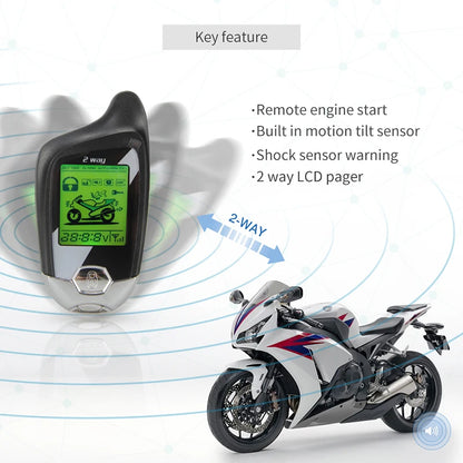 EASYGUARD 2 Way Motorcycle Alarm Kit Remote Engine Start Shock Sensor Motion Sensor Emergency Disarm LCD Display Anti Hijacking