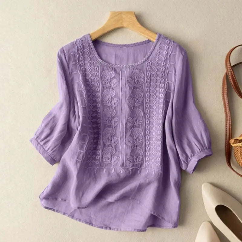 ZANZEA Elegant Women Embroidered Blouses Autumn 2024 3/4 Puff Sleeve Transparent Blusas Mujer Casual Vintage Cotton Shirts Tops