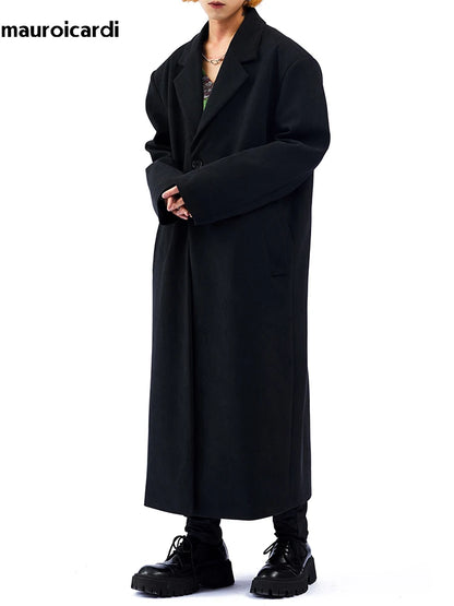 Mauroicardi Autumn Winter Long Oversized Black Woolen Trench Coat Men Shoulder Pads Single Breasted Luxury Cocoon Overcoat 2022