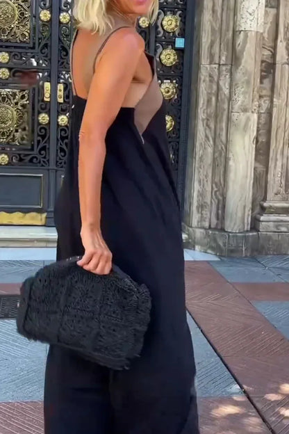Women's Long Cross Dress Skirt European Style Mid-Waist A-Line Dress Polyester Fabric No-Sleeve Business Wear Single Piece