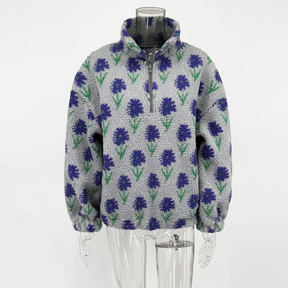 TARUXY Fleece Printing Sweatshirt Women's Half-Zip Sweatshirt Fleece Loose Turtleneck pullover Female Winter Leisure Sweatshirt