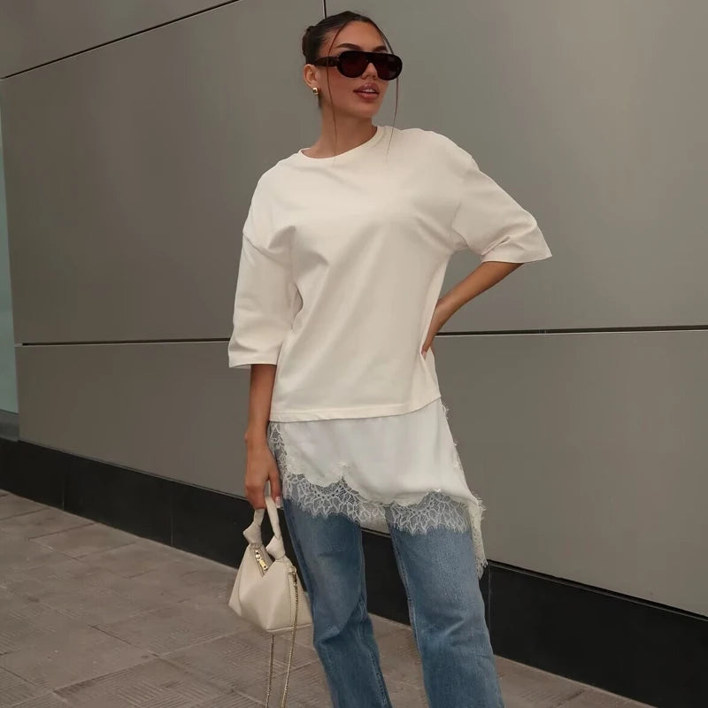 MUJER Polo Lace T Shirt Women Asymmetric Oversized T-Shirt Woman Spring Casual Tank Top Female Fashion Funny Women's T-shirts