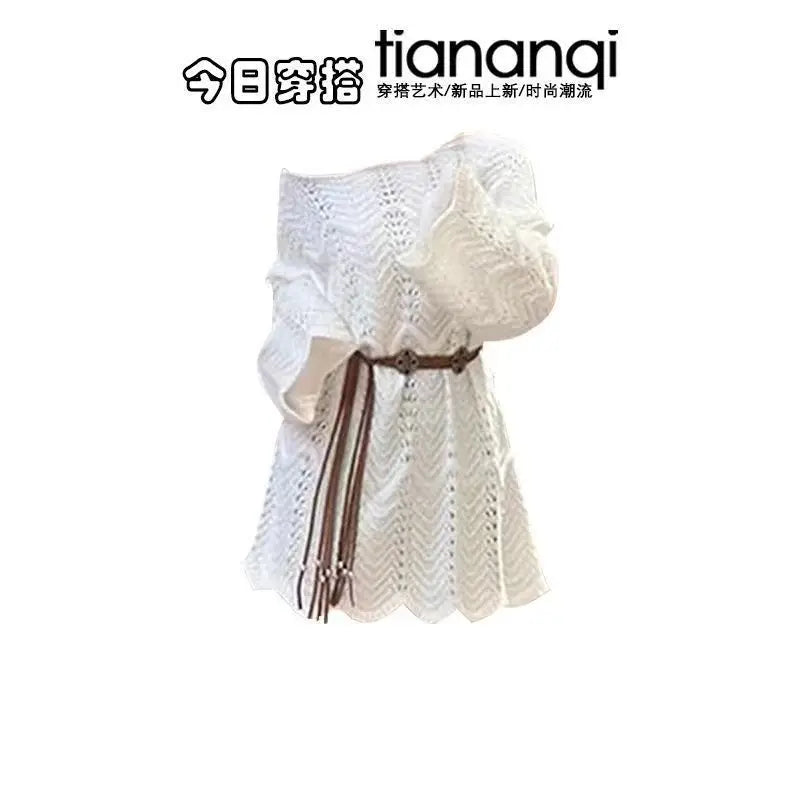 Spring and Autumn Fashion Casual Knitted Top+Bohemian White Dress Elegant Women's Two Piece Set