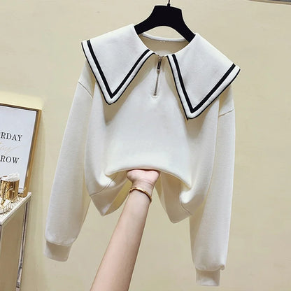 Teenage Girl's Fleece Lined Thickened Navy Collar Sweatshirt Small Size Winter Fashionable Clothing School Sweet Style Zipper