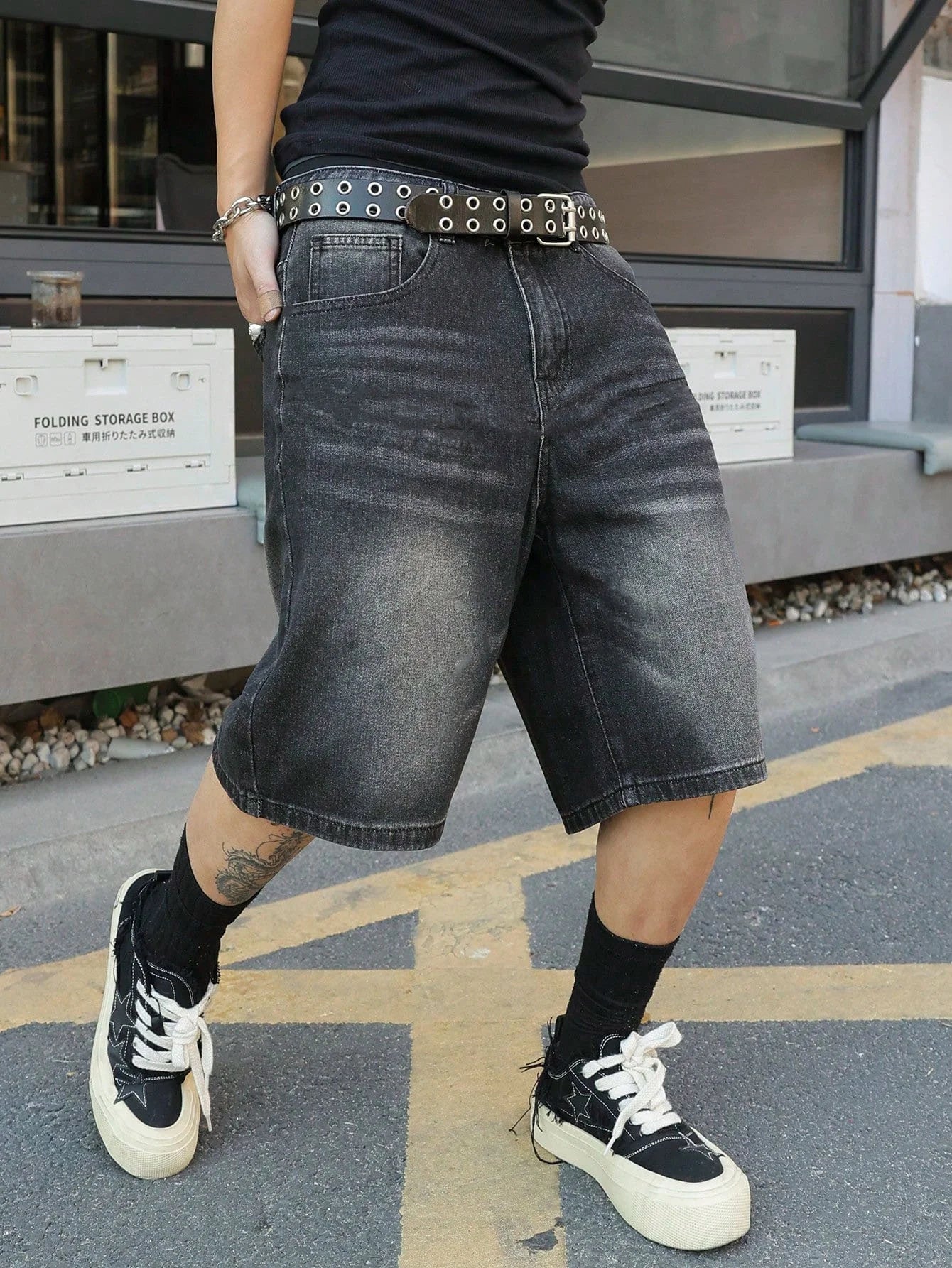 Fashion black non stretch denim jorts men loose fit casual solid color versatile casual style shorts