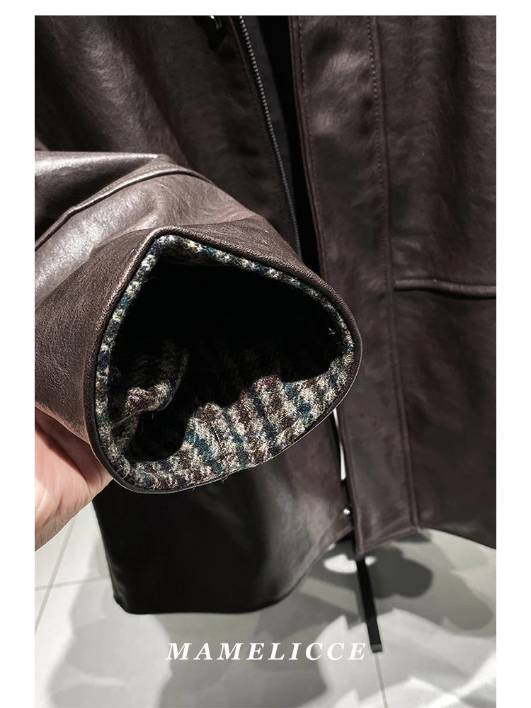 MAMELICCE Original design wool stand collar jacket Contrasting PU faux leather Casual coat Men's clothing Vintage jackets
