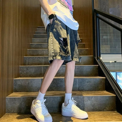 Men's Summer Pink Ripped Denim Shorts Lightweight Baggy Knee-length American High Street Trendy Distressed Casual Fashion Style
