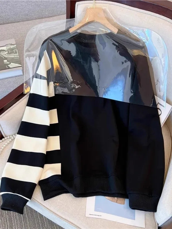 Loose Long Sleeve T-Shirt Hoodie Women Spring Autumn plus Size Fat MM300 Pounds Patchwork Shoulder Length Design Slimming Top