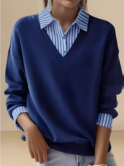 Women's solid-color long-sleeve polo shirt with color-block collar design  stylish and casual knitted top for spring and summer