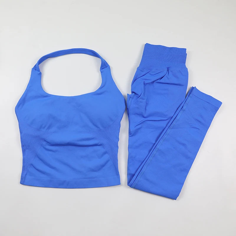 Women's Halter Neck Backless Yoga Set Seamless 2-Piece Outfit Ribbed High-Waist Scrunch Shorts Butt Lifting Gym Pilates Fitness