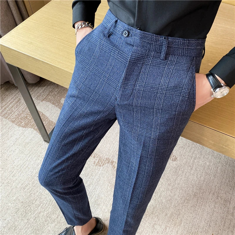 【 High Quality 】 Light Mature Style Spring and Autumn Checked Fashion Long Pants for Men, Trendy Business Casual Little Dress Pa