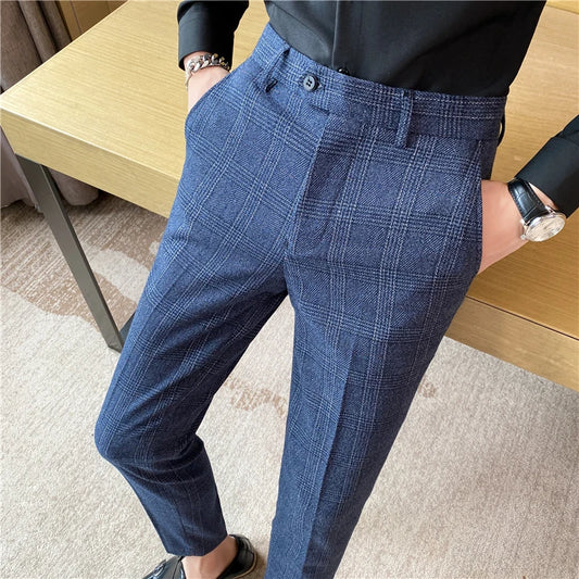 【 High Quality 】 Light Mature Style Spring and Autumn Checked Fashion Long Pants for Men, Trendy Business Casual Little Dress Pa