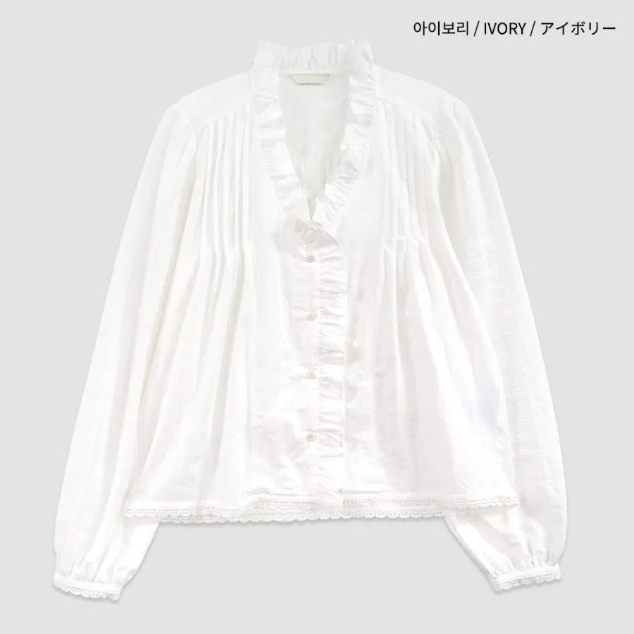 Chic V-Neck Plaid Shirt Women's Sweet Earlet Lace Trim Bubble Sleeve Top Commute Style Loose Fit Skin-Friendly Breathable
