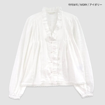 Chic V-Neck Plaid Shirt Women's Sweet Earlet Lace Trim Bubble Sleeve Top Commute Style Loose Fit Skin-Friendly Breathable
