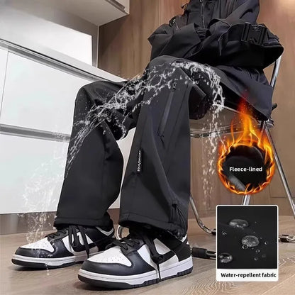 Men's Thickened Fleece Lined Waterproof Windproof Outdoor Work Trousers Autumn Winter Straight Leg Casual Pants Polyester Fiber